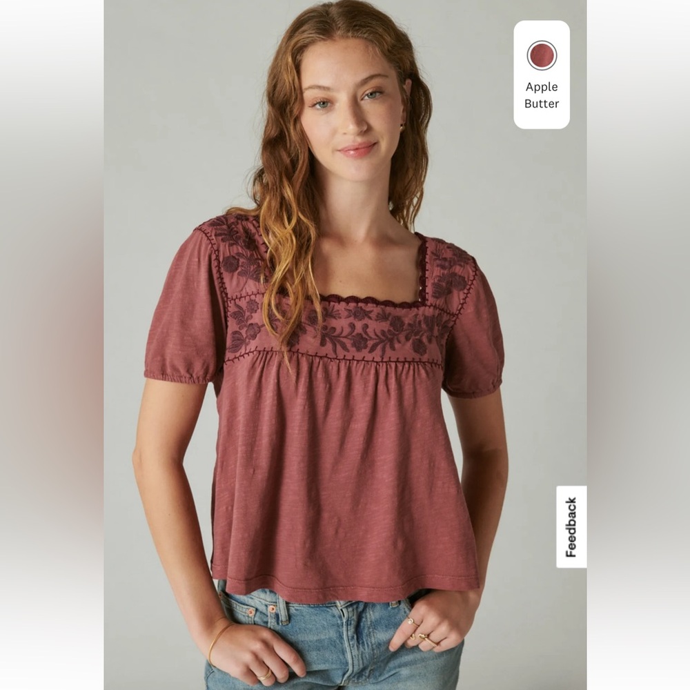 Lucky Brand Overdyed Embroidered Peasant Top, XXL